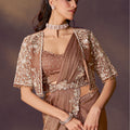 Designer Brown Embroidered Georgette Saree and Sleeveless Blouse