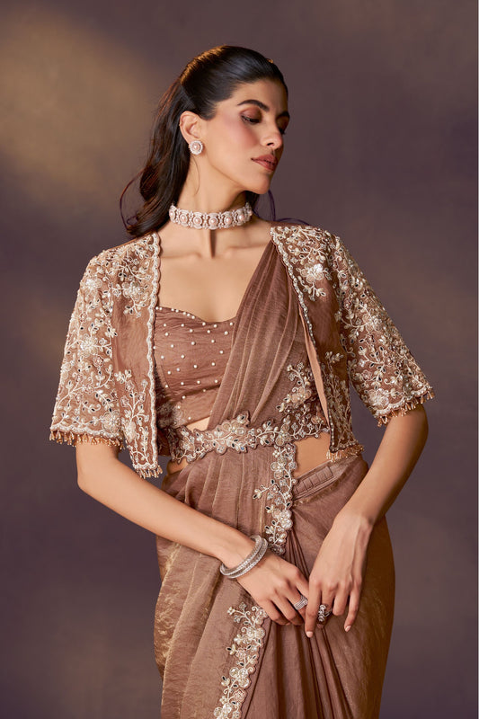 Designer Brown Embroidered Georgette Saree and Sleeveless Blouse