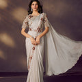 Off White Designer Embroidered Saree with Matching Blouse