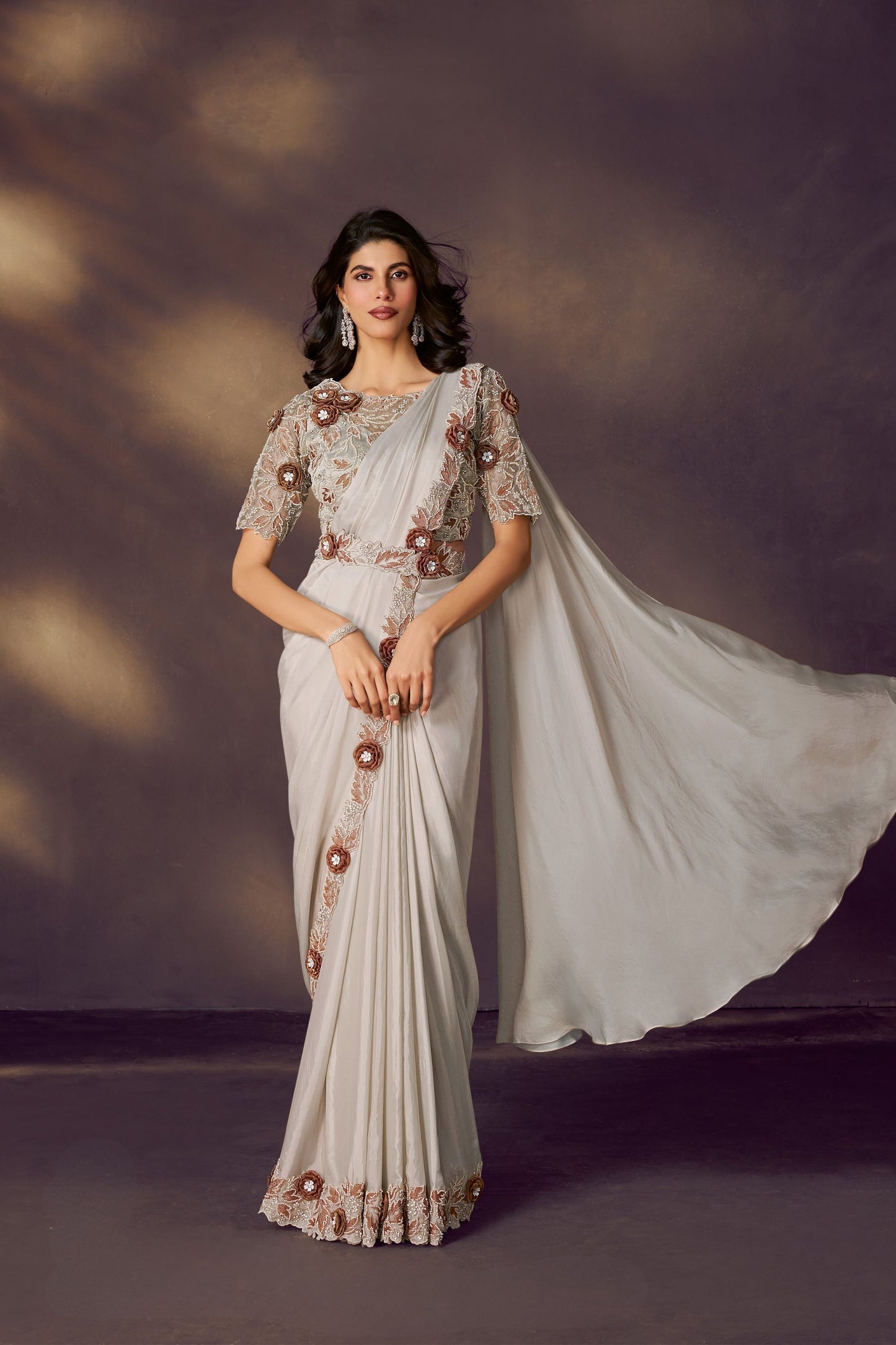 Off White Designer Embroidered Saree with Matching Blouse