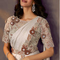 Off White Designer Embroidered Saree with Matching Blouse
