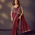 Designer Wine Maroon Embroidered Silk Saree with Heavy Blouse