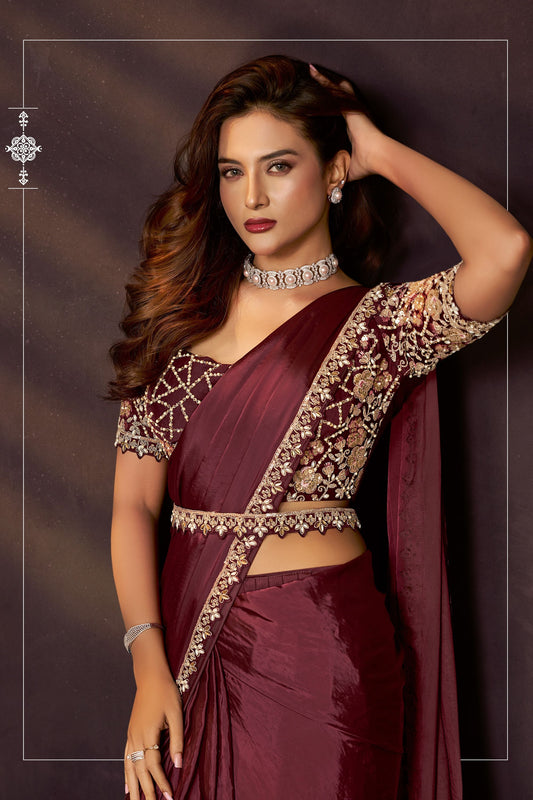 Designer Wine Maroon Embroidered Silk Saree with Heavy Blouse