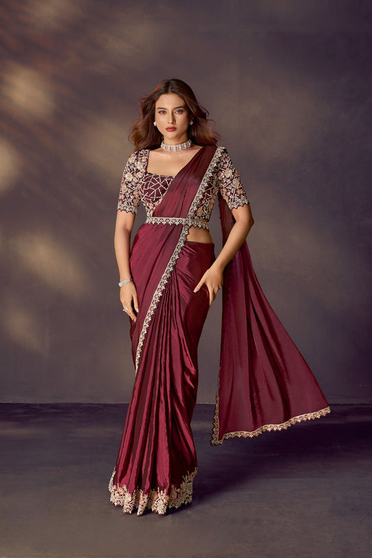 Designer Wine Maroon Embroidered Silk Saree with Heavy Blouse