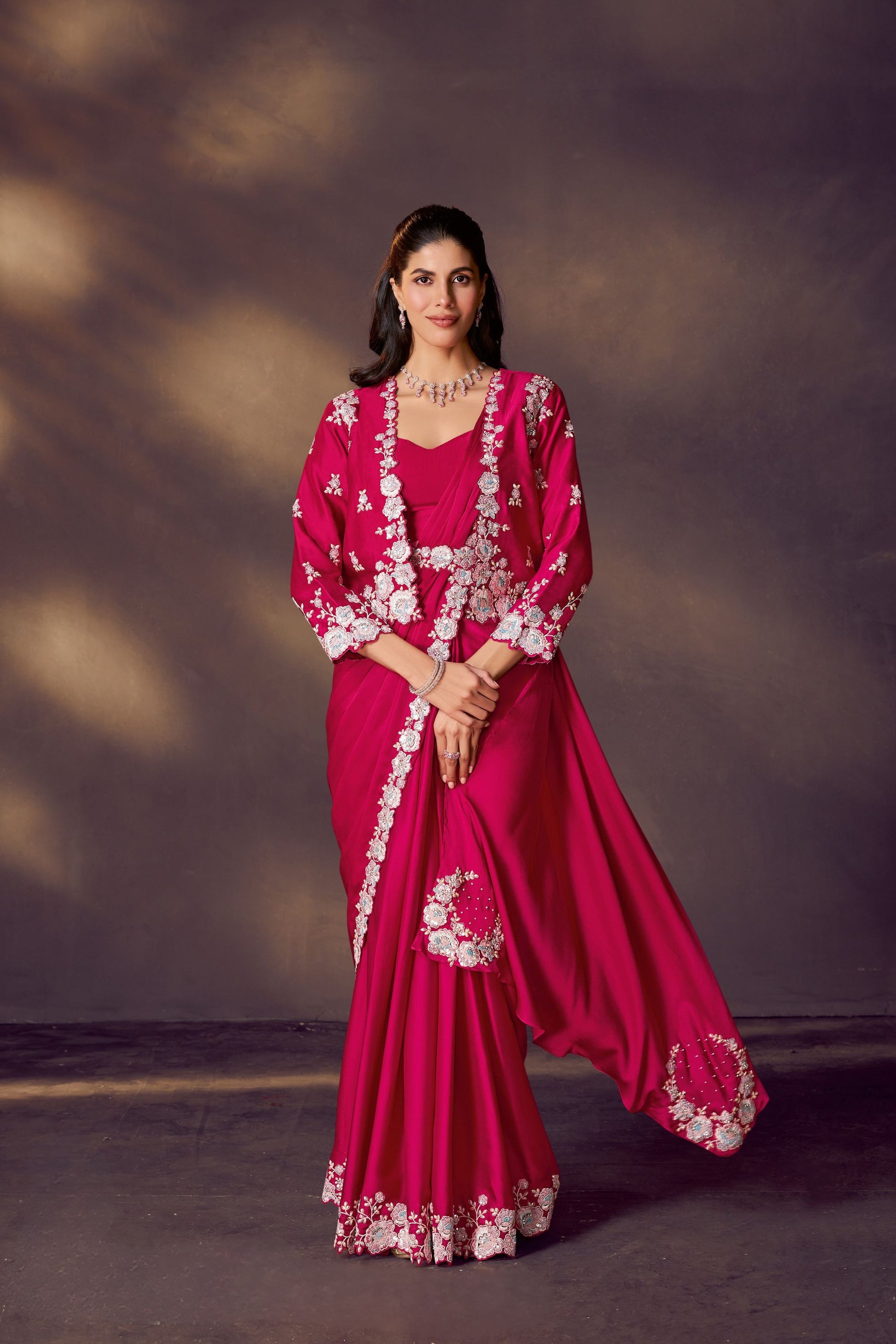Designer Rani Pink Embroidered Silk Saree with Jacket Blouse 