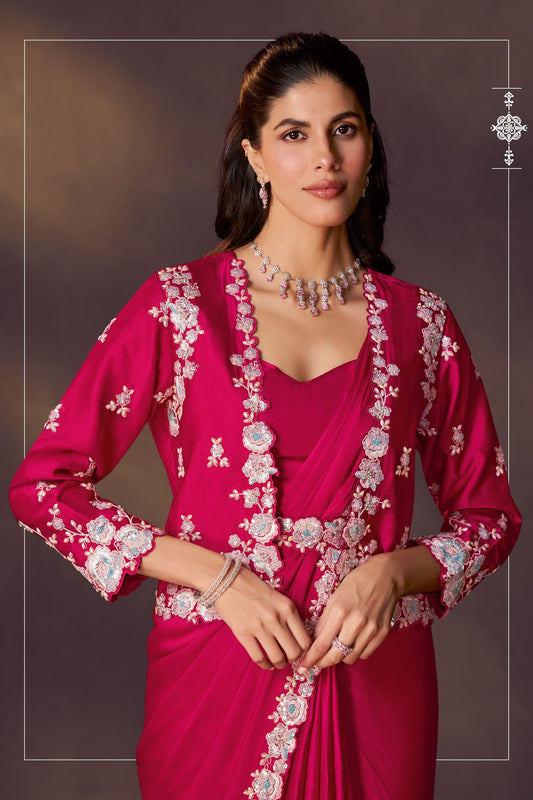 Designer Rani Pink Embroidered Silk Saree with Jacket Blouse