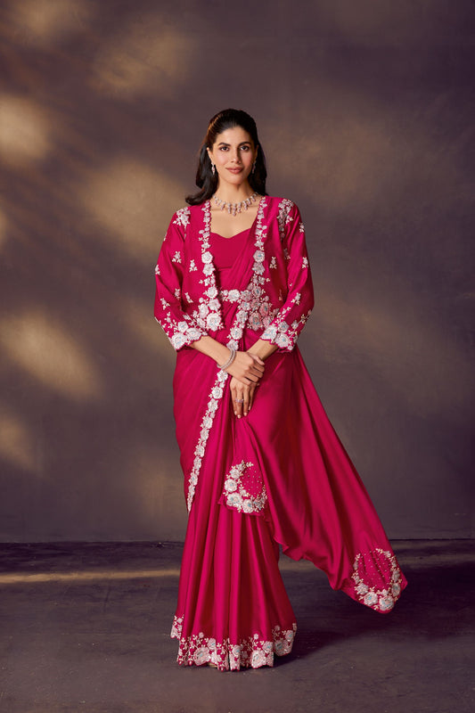 Designer Rani Pink Embroidered Silk Saree with Jacket Blouse 