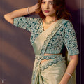 Pista Green Embroidered Satin Silk Saree with Designer Blouse