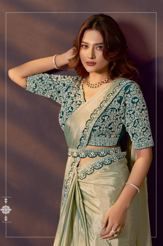 Pista Green Embroidered Satin Silk Saree with Designer Blouse