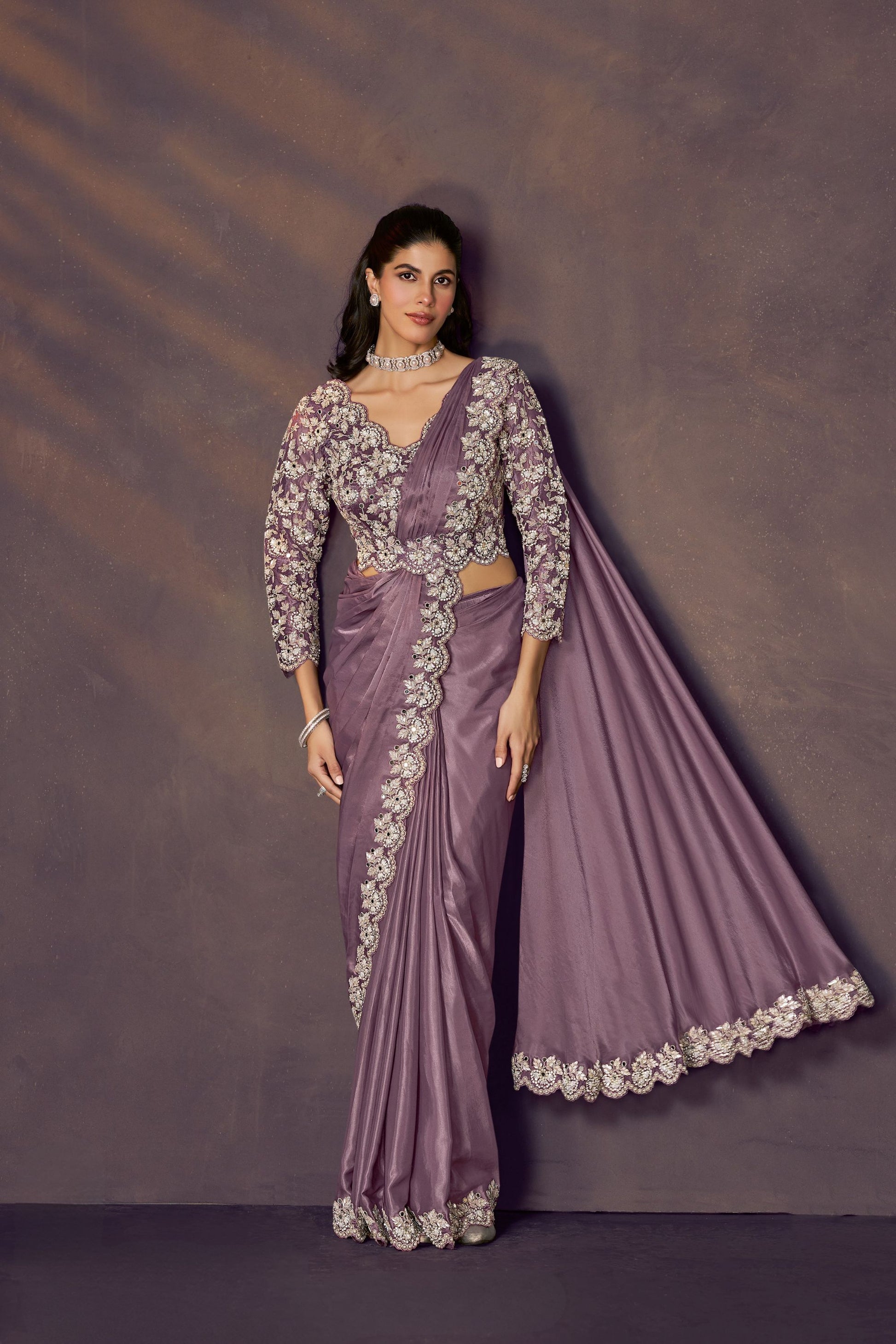 Designer Mauve Embroidered Silk Saree with Heavy Work Blouse