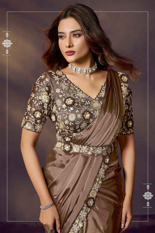Coffee Brown Satin Silk Saree with Heavy Designer Blouse