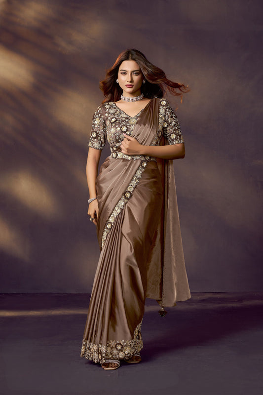 Coffee Brown Satin Silk Saree with Heavy Designer Blouse 