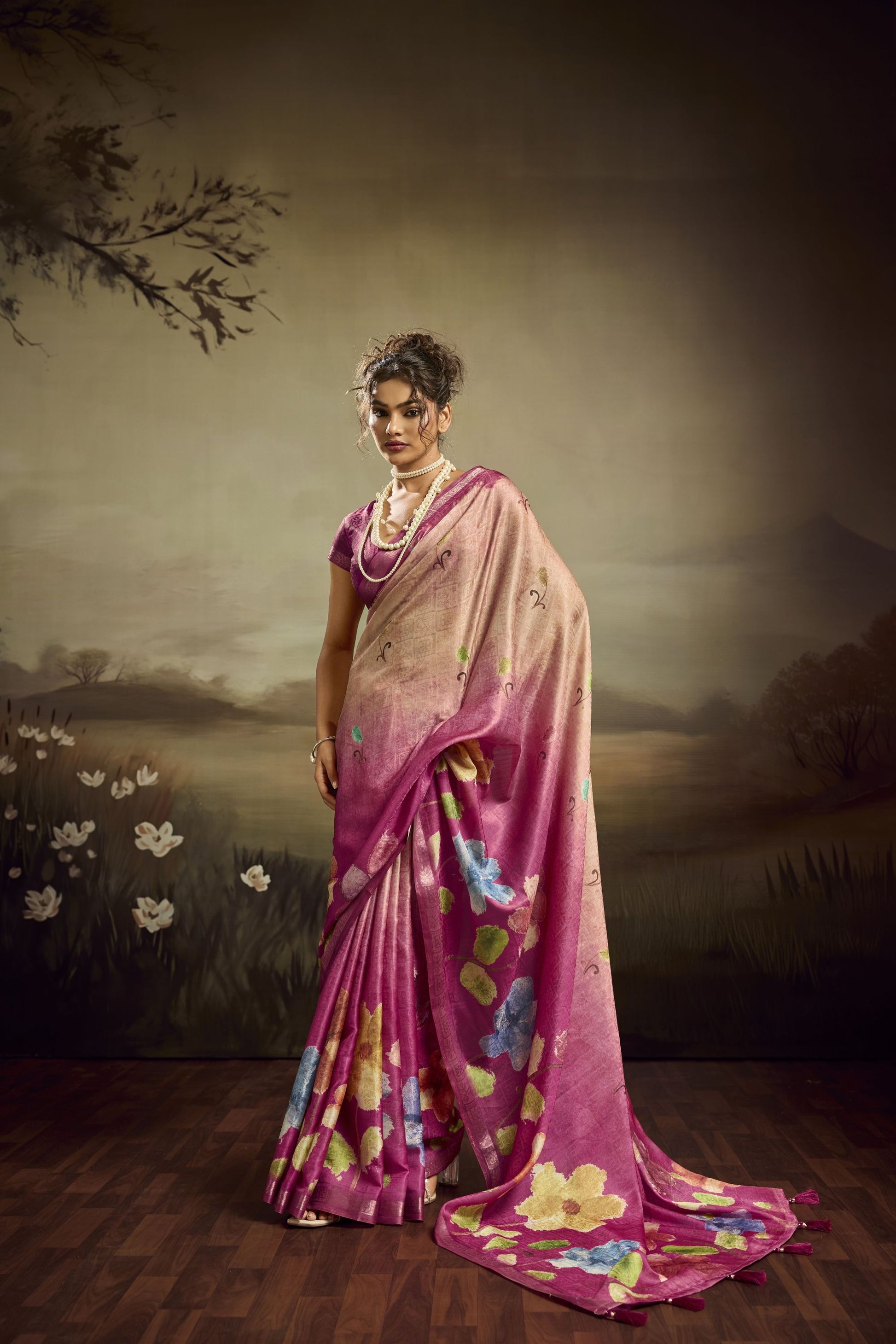 Magenta Pink Linen Silk Saree Floral Digital Print Designer Tassel Pallu 