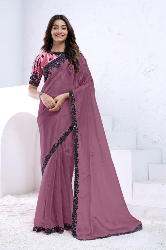 Mauve Georgette Saree with Black Floral Lace Border Designer Blouse