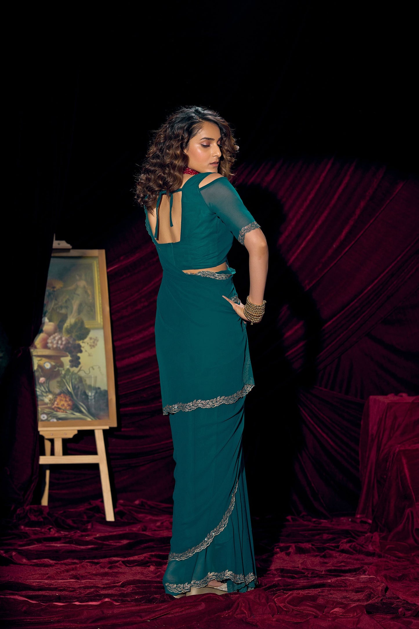 Teal Green Georgette Saree with Embroidered Border Designer Saree