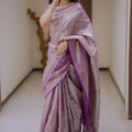 Lavender Banarasi Silk Saree with Silver Zari Floral Weaving Saree