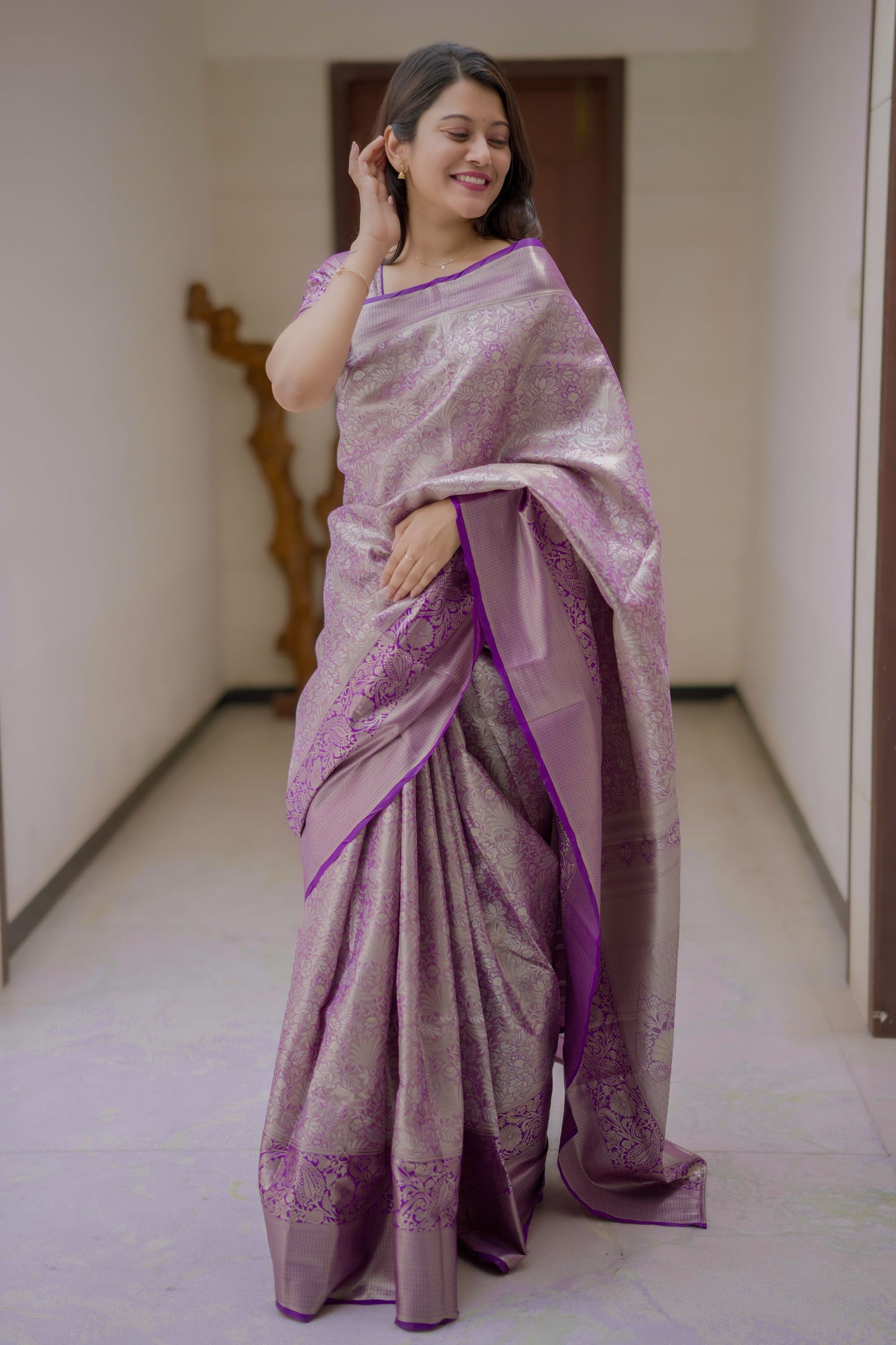 Lavender Banarasi Silk Saree with Silver Zari Floral Weaving Saree