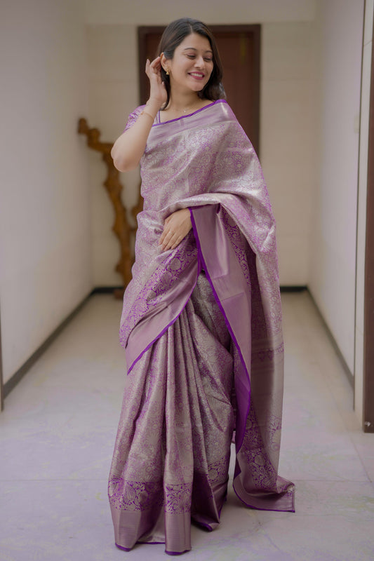 Lavender Banarasi Silk Saree with Silver Zari Floral Weaving Saree