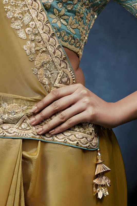 Luxury Mustard Gold Embroidered Saree with Designer Blouse