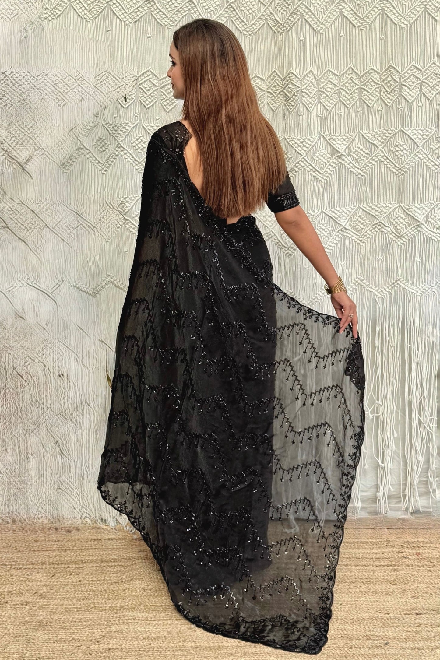Designer Black Party Wear Saree with Intricate Sequins Embellishments