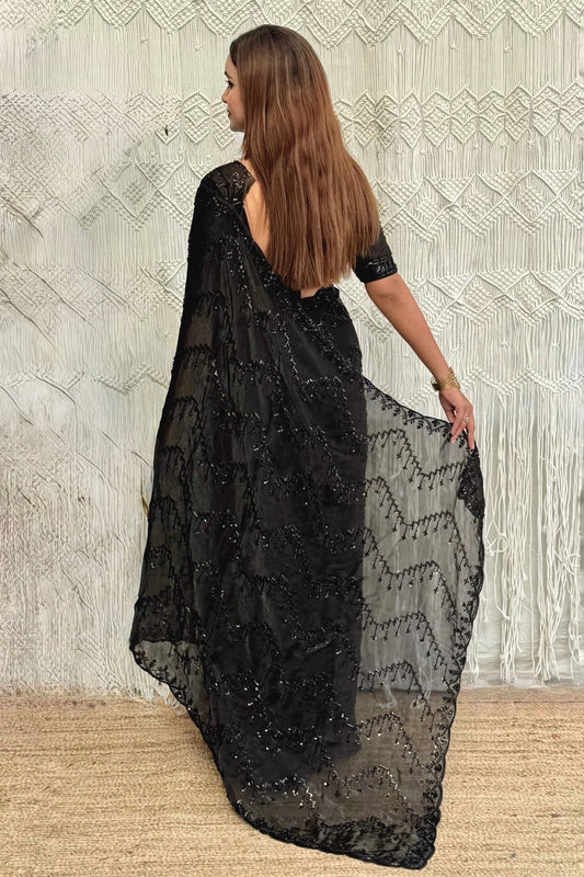 Designer Black Party Wear Saree with Intricate Sequins Embellishments