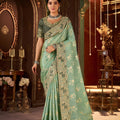 Mint Green Embroidered Designer Saree Heavy Gold Border 