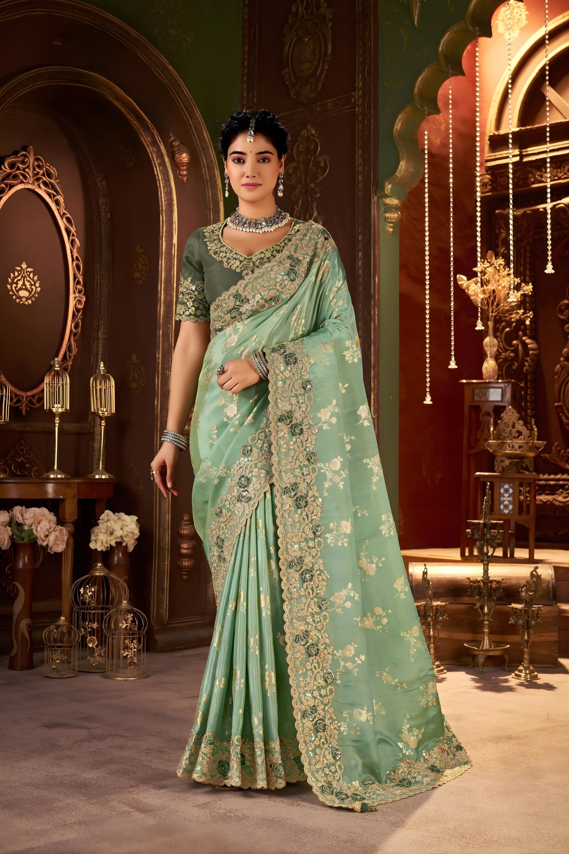 Mint Green Embroidered Designer Saree Heavy Gold Border 