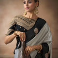 Grey Silk Saree with Black Contrast Border Rich Zari