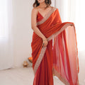Luxury Rust Orange Organza Saree Designer Embroidered Border
