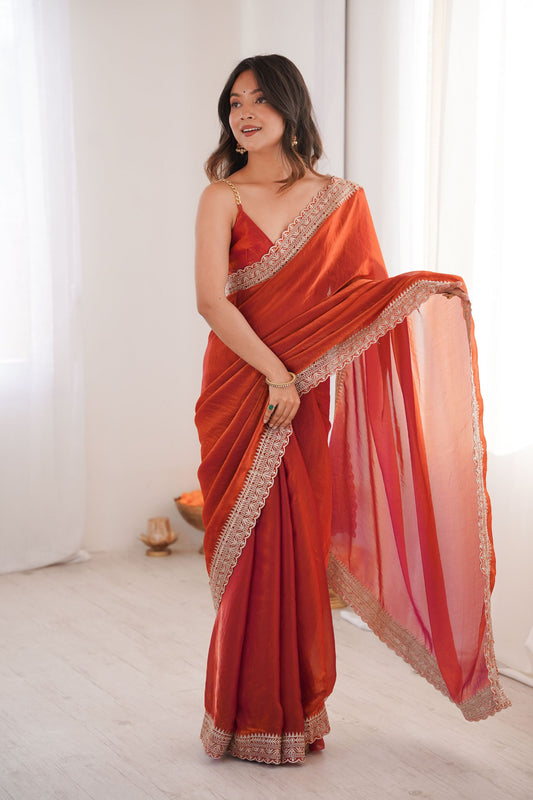 Luxury Rust Orange Organza Saree Designer Embroidered Border