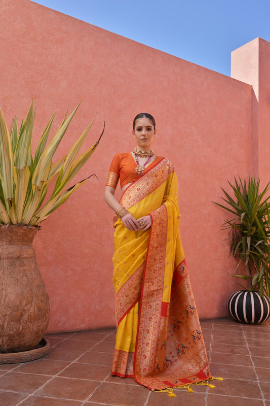 Golden Yellow And Orange Kanjivaram Silk Saree with Rich Zari  Festive Wear
