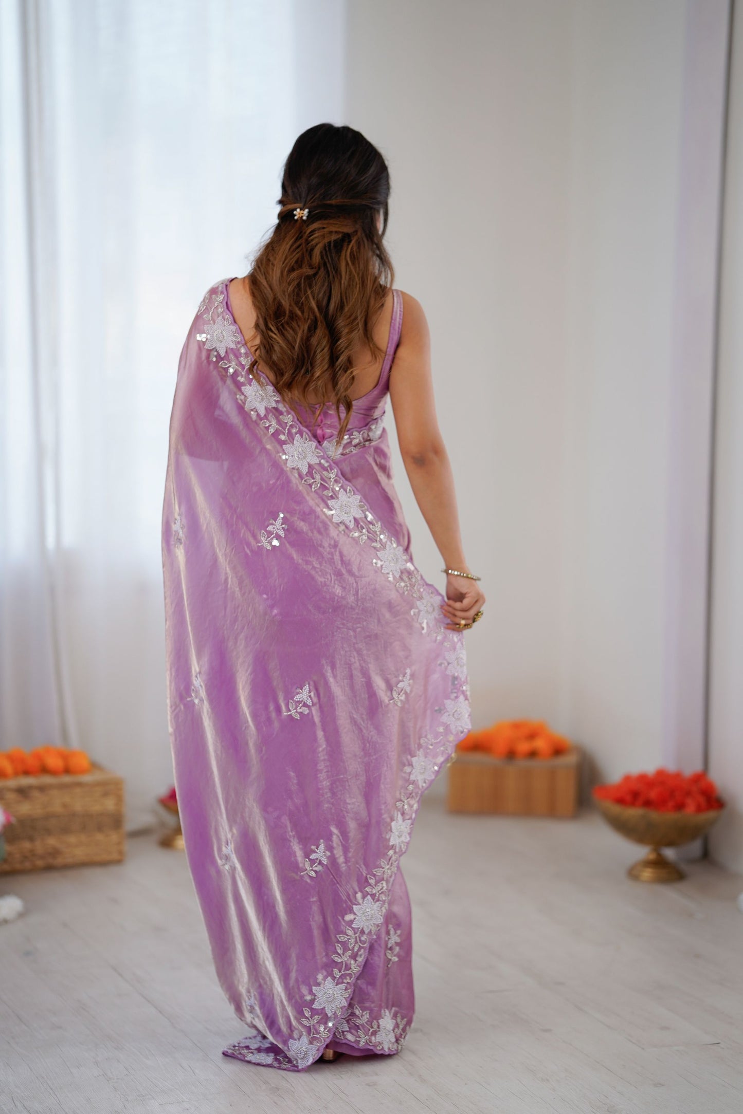 Lavender Soft Silk Saree with Silver Floral Embroidery Border Matching Blouse