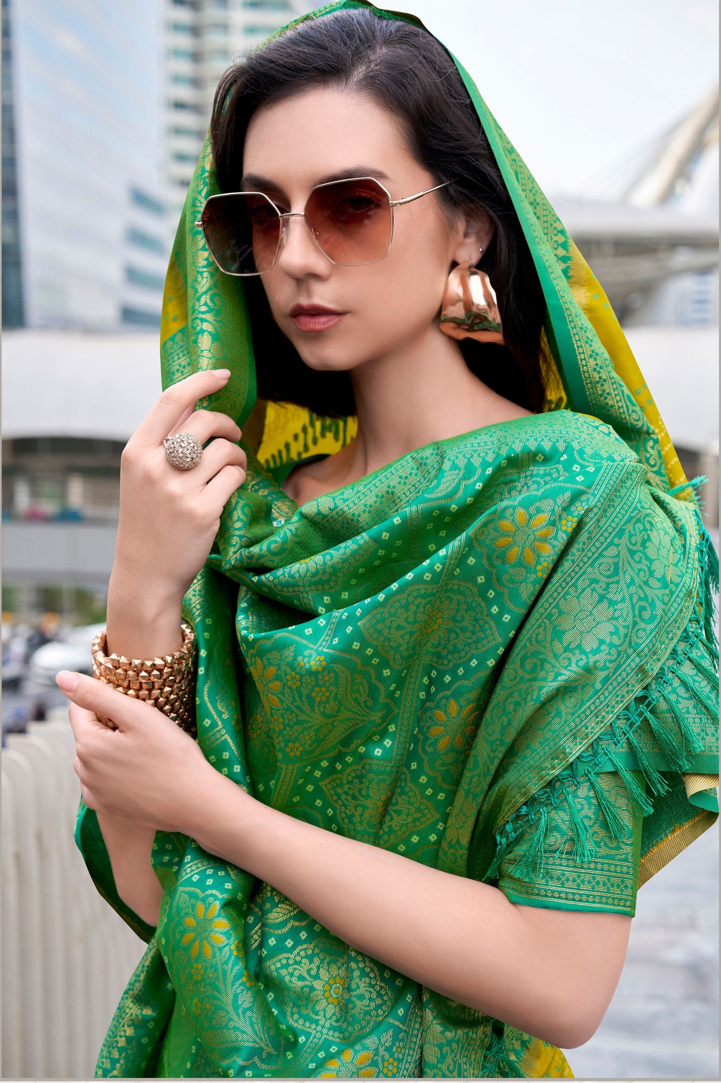 Elegant Yellow Green Banarasi Silk Saree and Designer Border