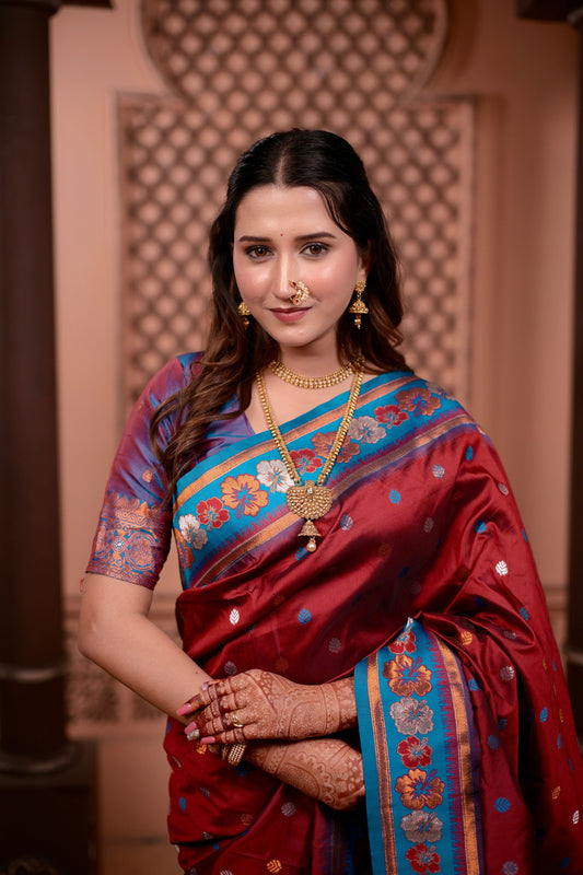 Rich Wine Red Paithani Silk Saree with Contrast Teal Blue Zari Border