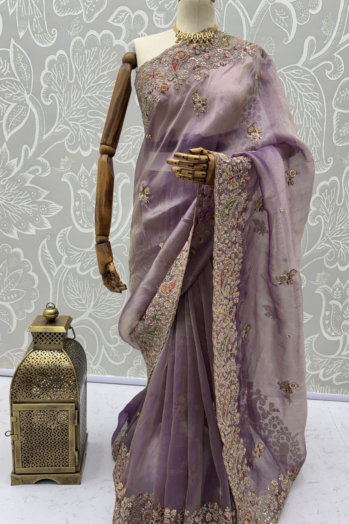 Lavender Organza Silk Saree with Heavy Embroidery Designer Border