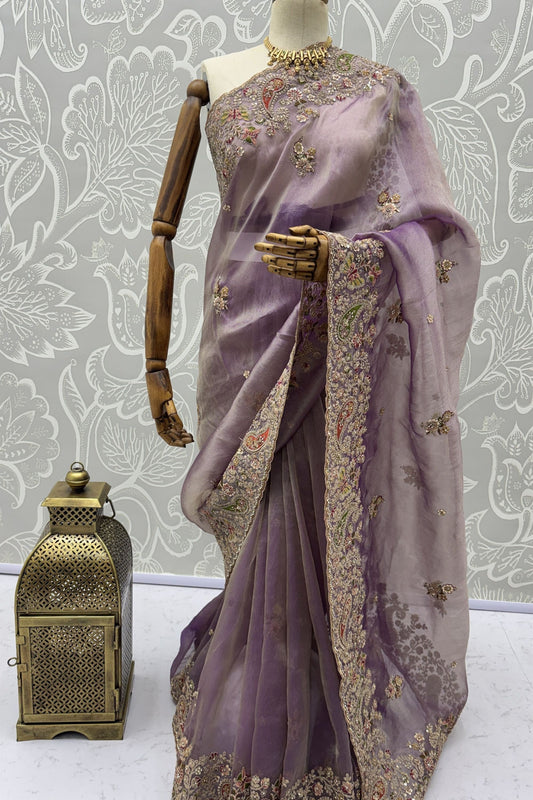 Lavender Organza Silk Saree with Heavy Embroidery Designer Border