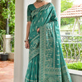  Teal Green Cotton Silk Saree with Traditional Woven Border 
