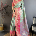 Sea Green Pink Kanjivaram Silk Saree Traditional Zari Woven Saree