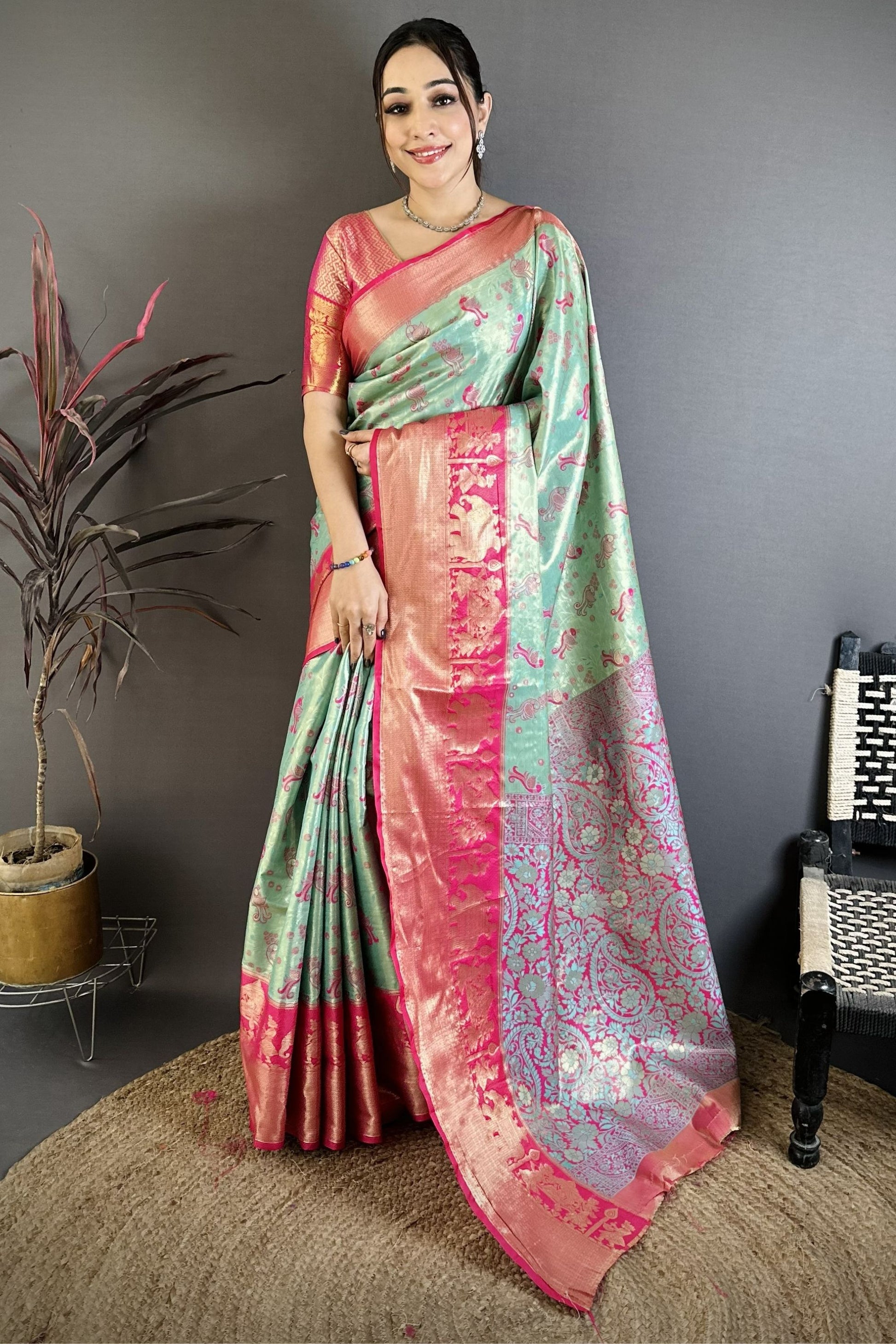 Sea Green Pink Kanjivaram Silk Saree Traditional Zari Woven Saree