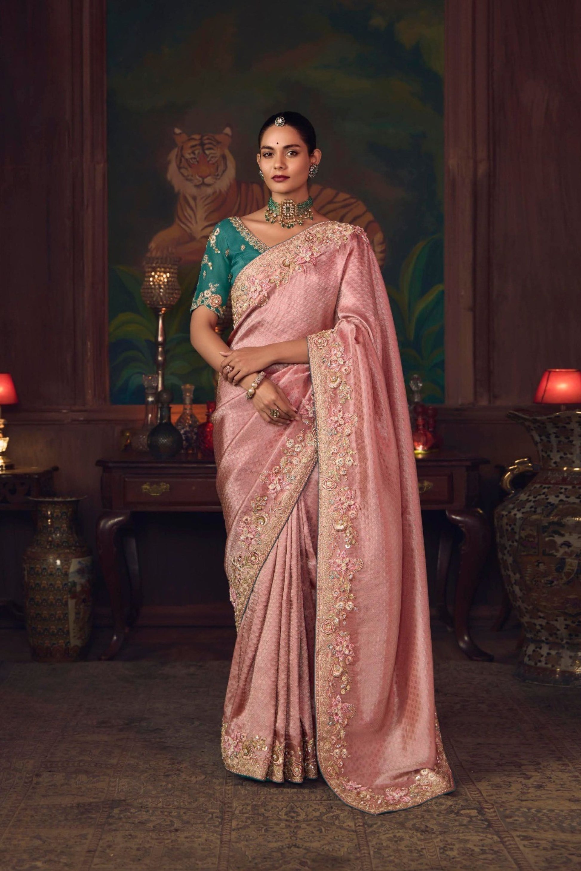 Pink Silk Saree with Embroidered Border and Teal Designer Blouse