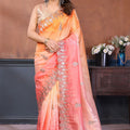Peach Pink Embroidered Organza Silk Saree Designer Border