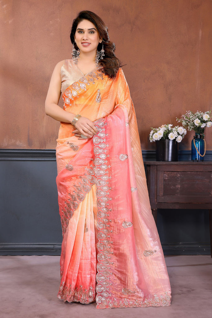 Peach Pink Embroidered Organza Silk Saree Designer Border
