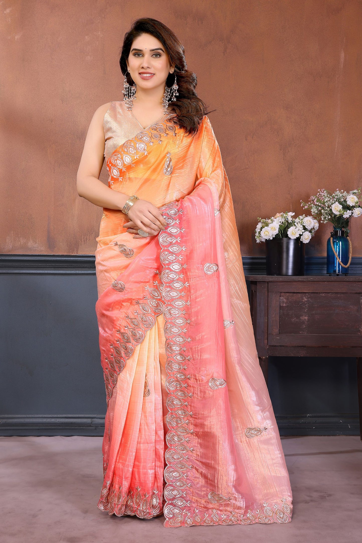 Peach Pink Embroidered Organza Silk Saree Designer Border
