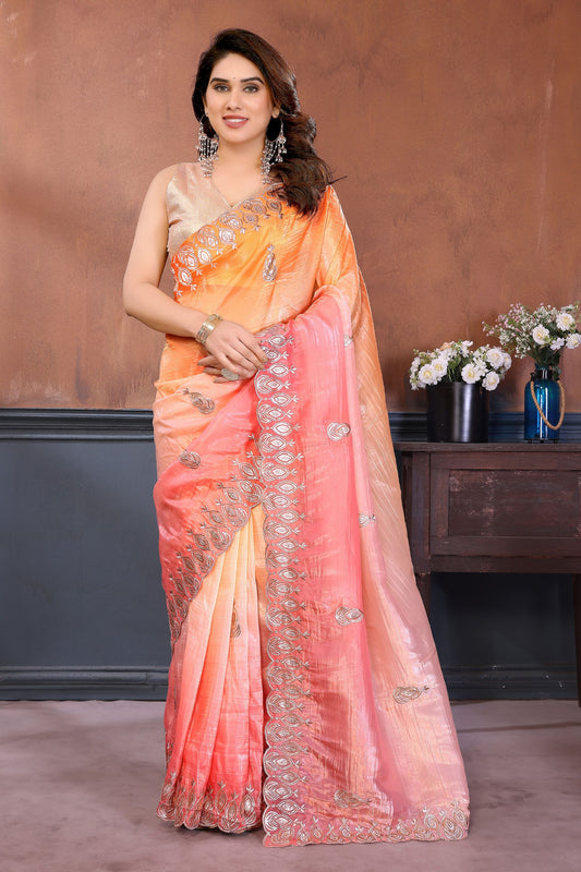 Peach Pink Embroidered Organza Silk Saree Designer Border