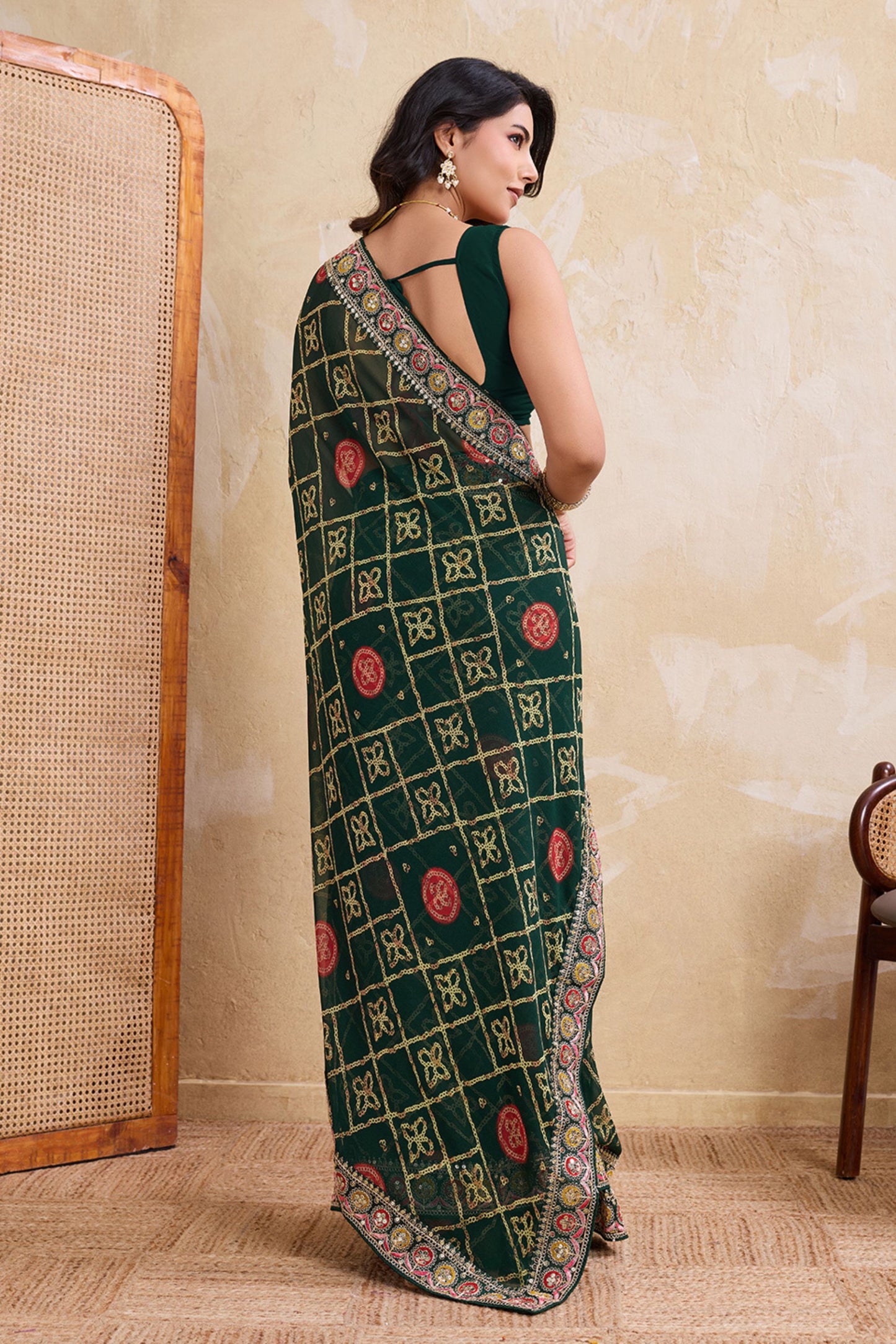 Dark Green Printed Saree Traditional Motif Design Decorative Border