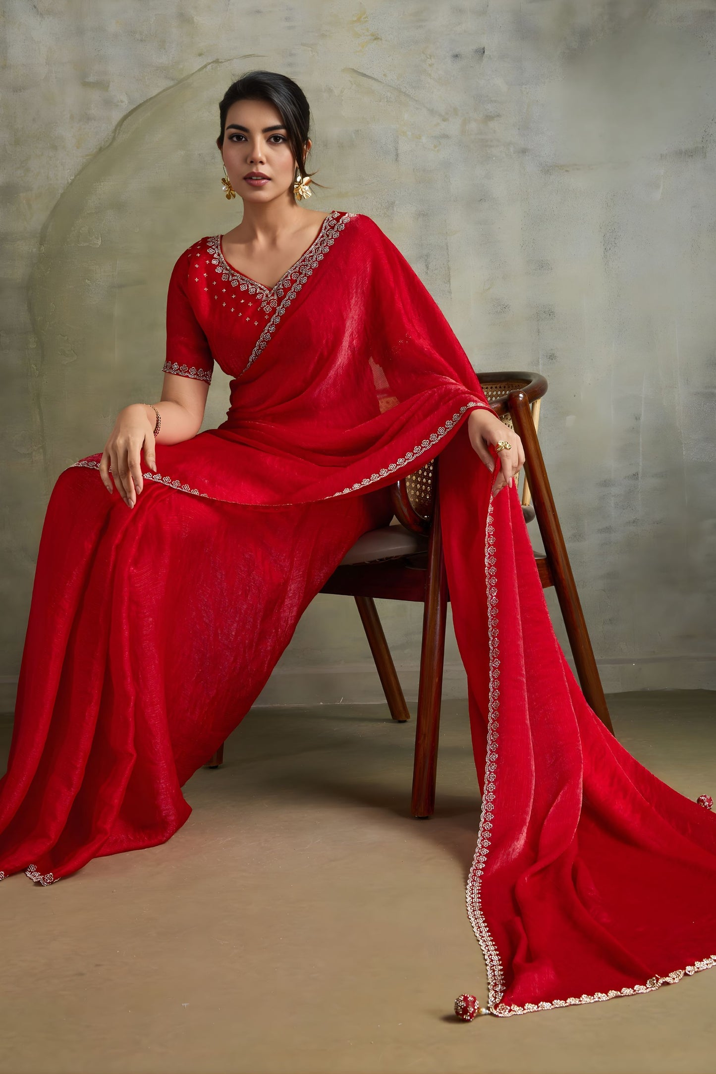 Red Chiffon Saree with Zari Border Embroidered Blouse