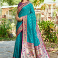 Teal Blue Silk Saree Pink Border Multicolor Peacock Zari Weaving Work