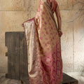 Royal Beige Banarasi Silk Saree with Pink Zari Border Floral Weaving Saree