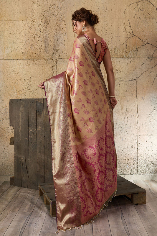 Royal Beige Banarasi Silk Saree with Pink Zari Border Floral Weaving Saree