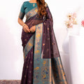 Deep Purple Paithani Silk Saree with Teal Zari Border and Traditional